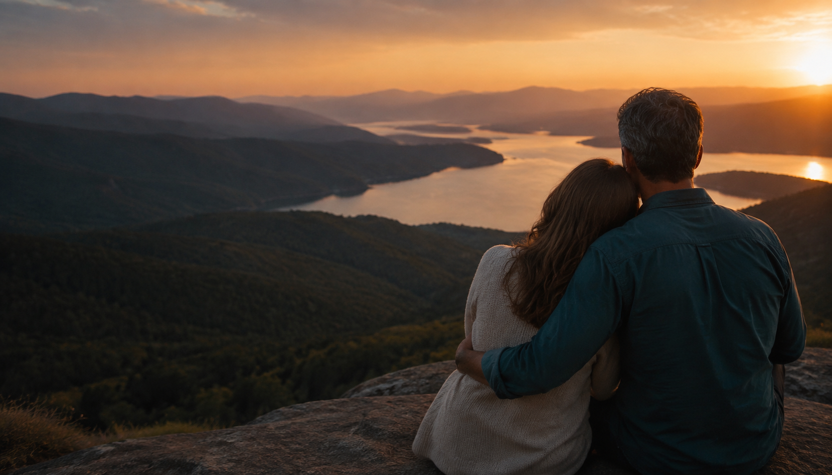 Casal abraçado contemplando um lago e colinas ao pôr do sol.